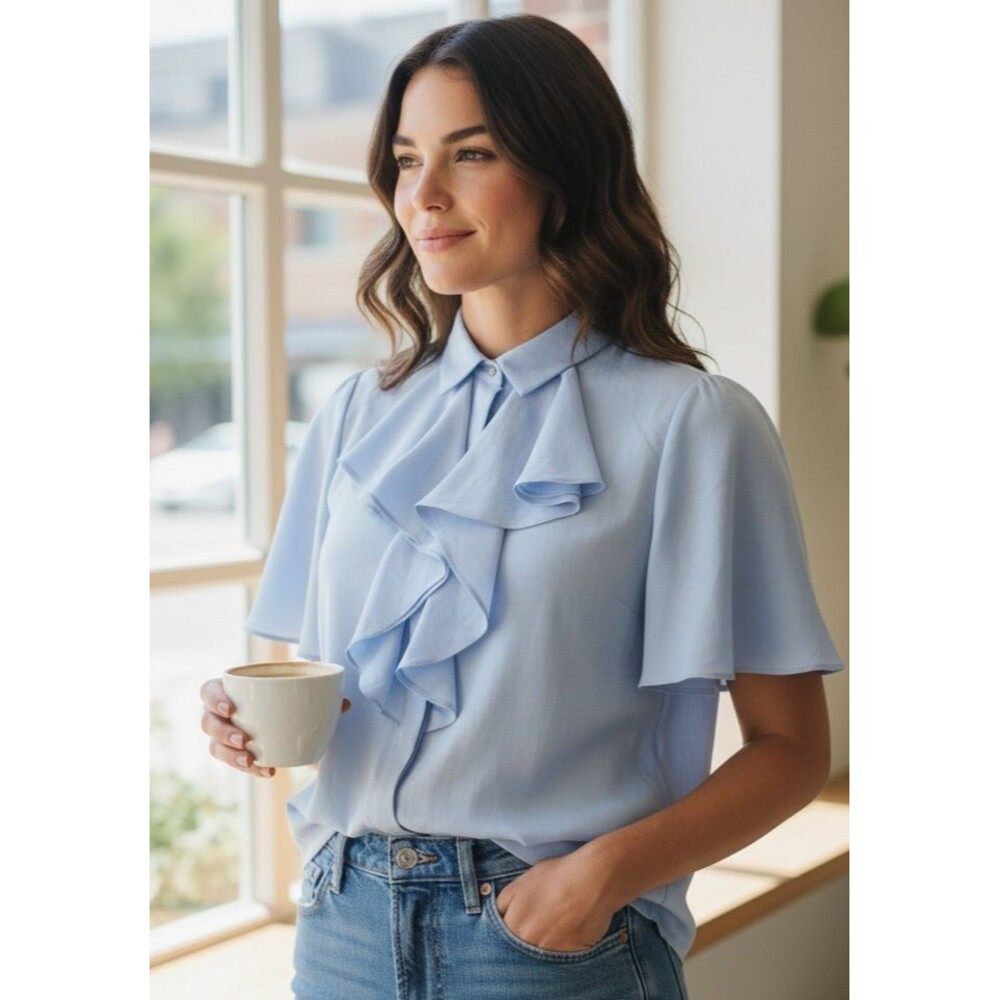DESIGNER ZARA LIGTH BLUE RUFFLE DETAIL SHORT SLEEVE BLOUSE SIZE X LARGE
